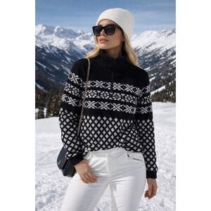 L Lands End Womens Black White Fair Isle Fleece 1/4 Zip Pullover Sweater Top